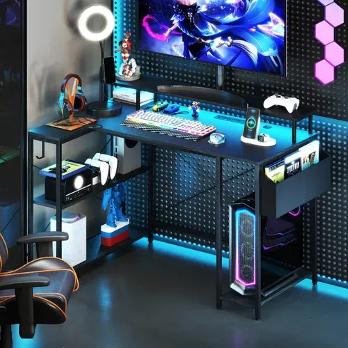 Bureau Gaming, Bureau Gamer Avec LED Et Prises De Courant 120x80x87cm Noir