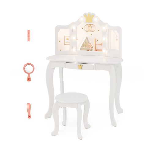 Coiffeuse Enfants, Table De Maquillage Avec Tabouret Miroir Eclairé Pliable Pour 3-7 Ans Blanc