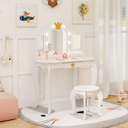 Coiffeuse Enfants, Table De Maquillage Avec Tabouret Miroir Eclairé Pliable Pour 3-7 Ans Blanc