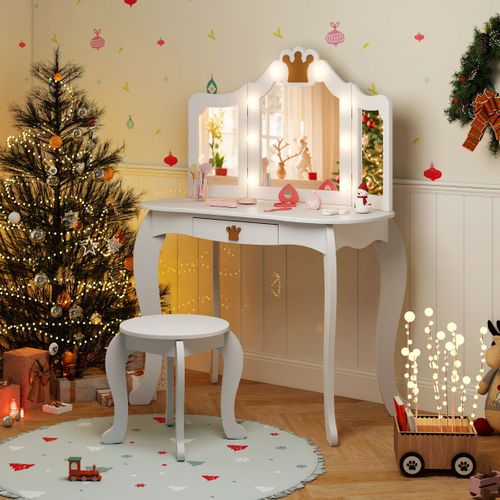 Coiffeuse Enfants, Table De Maquillage Avec Tabouret Miroir Eclairé Pliable Pour 3-7 Ans Blanc