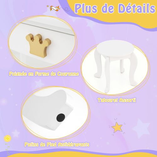 Coiffeuse Enfants, Table De Maquillage Avec Tabouret Miroir Eclairé Pliable Pour 3-7 Ans Blanc