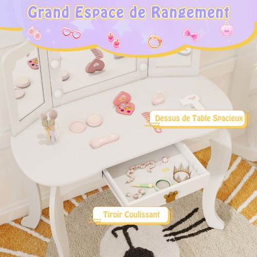 Coiffeuse Enfants, Table De Maquillage Avec Tabouret Miroir Eclairé Pliable Pour 3-7 Ans Blanc