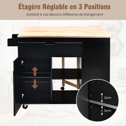 Desserte à Roulettes, Chariot De Rangement Avec Comptoir En Bois Pliable Porte-épices Noir