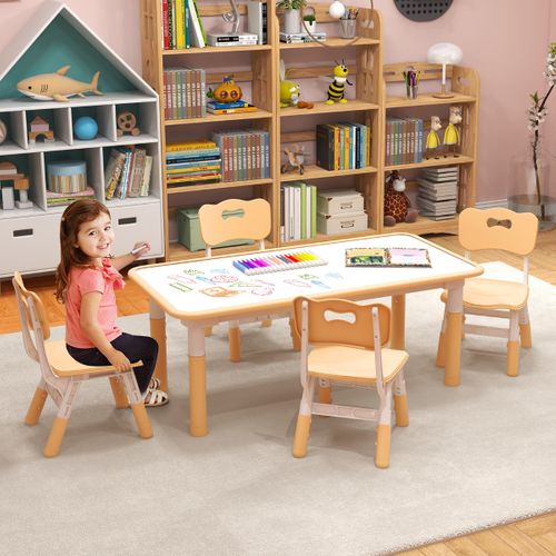 Table Enfant 120x60cm et 4 Chaises avec Plateau Graffiti & Hauteur Réglable, Table à Dessin Enfant en Bois avec Design Peu Encombrant Naturel