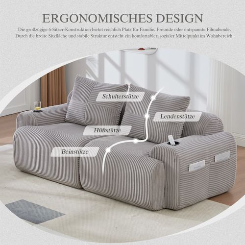 Canapé 2 Places modulable En Velours Côtelé Gris Avec Porte Gobelet, Poche Latérale