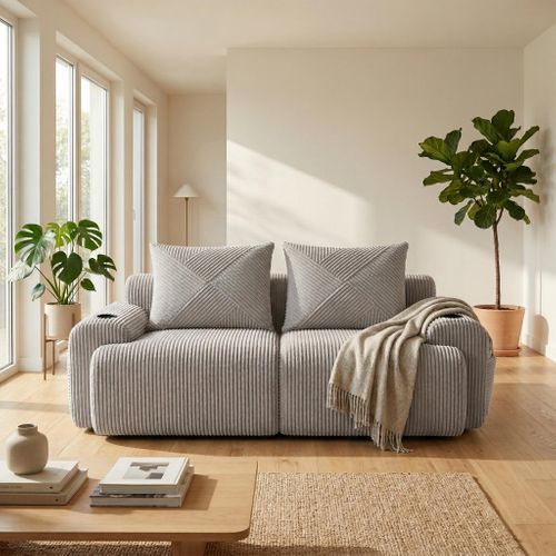 Canapé 2 Places modulable En Velours Côtelé Gris Avec Porte Gobelet, Poche Latérale