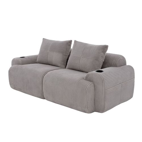 Canapé 2 Places modulable En Velours Côtelé Gris Avec Porte Gobelet, Poche Latérale