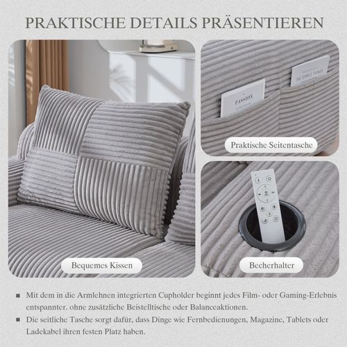Canapé 2 Places modulable En Velours Côtelé Gris Avec Porte Gobelet, Poche Latérale