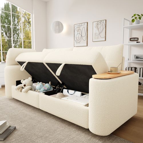 Canapé Modulable 2-3 Places En Bouclé Beige Avec Coffre De Rangement Et Tablette Pivotante