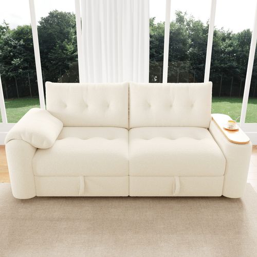 Canapé Modulable 2-3 Places En Bouclé Beige Avec Coffre De Rangement Et Tablette Pivotante