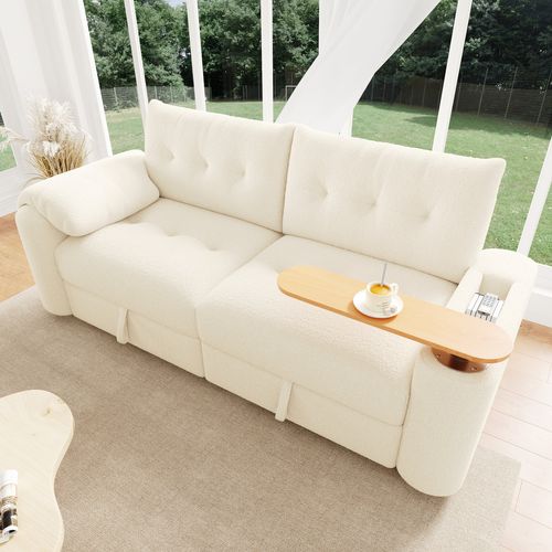 Canapé Modulable 2-3 Places En Bouclé Beige Avec Coffre De Rangement Et Tablette Pivotante