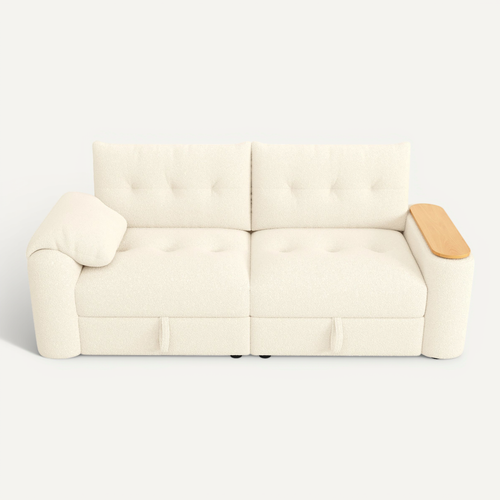 Canapé Modulable 2-3 Places En Bouclé Beige Avec Coffre De Rangement Et Tablette Pivotante
