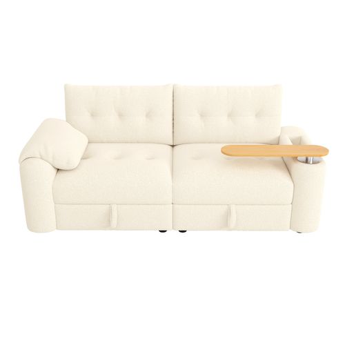 Canapé Modulable 2-3 Places En Bouclé Beige Avec Coffre De Rangement Et Tablette Pivotante