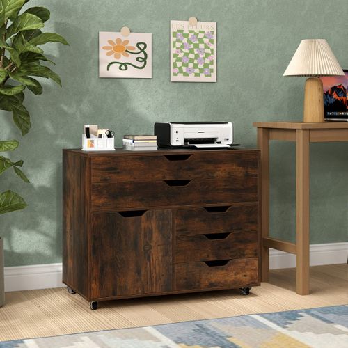 Commode à 5 Tiroirs Porte Armoire à Dossiers Mobile Avec Roulettes 77,5x40x64cm Marron Rustique