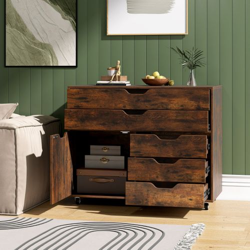 Commode à 5 Tiroirs Porte Armoire à Dossiers Mobile Avec Roulettes 77,5x40x64cm Marron Rustique