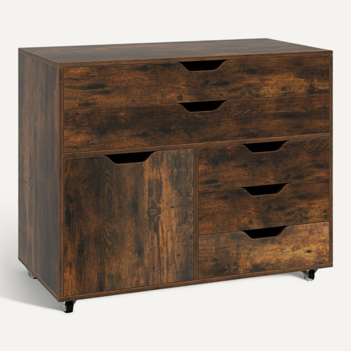 Commode à 5 Tiroirs Porte Armoire à Dossiers Mobile Avec Roulettes 77,5x40x64cm Marron Rustique