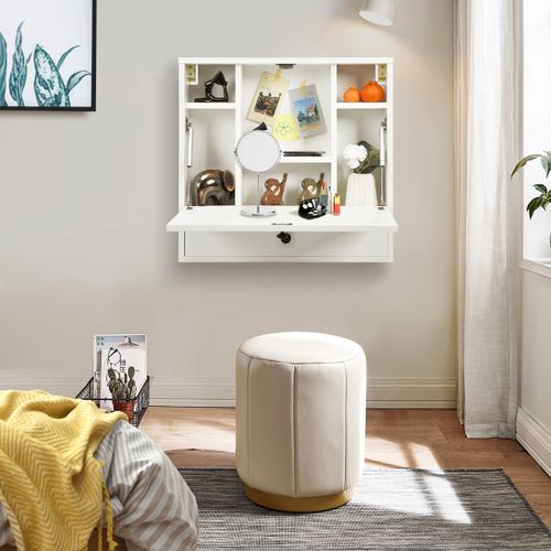 Bureau Mural Pour Ordinateur Portable Bureau Flottant Avec Tiroir 60x15x57cm Blanc
