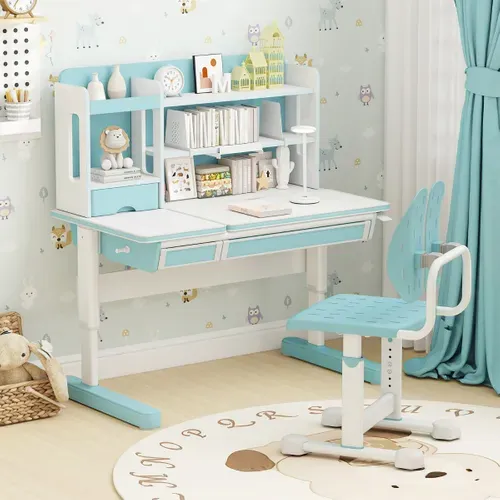 Chaise De Bureau Pour Enfant Hauteur Réglable Avec Double Dossier Assise Respirante Métal Bleu
