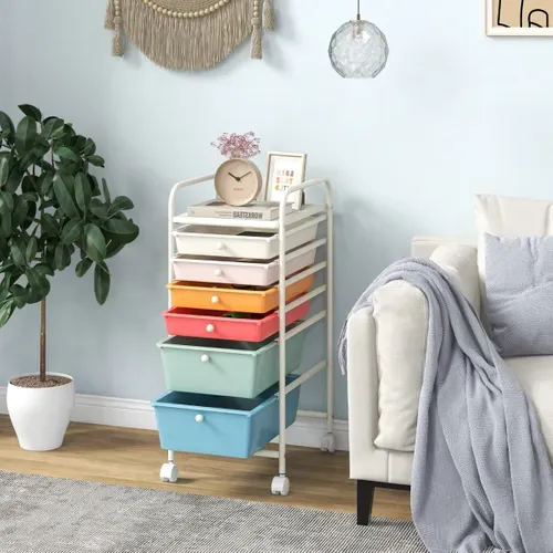 Chariot Avec 6 Tiroirs Empilables Structure En Métal Et Surface De Rangement Bleu