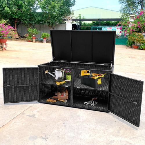 Coffre De Rangement Jardin 335l Rotin Pe Cadre En Acier Avec 2 Etagères 115 X 60 X 65 Cm Noir