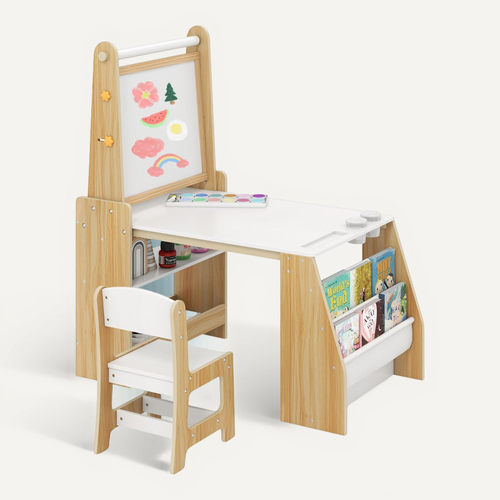 Ensemble Table Et Chaises Pour Enfants Chevalet Table D'étude Avec Chaise Naturel Blanc