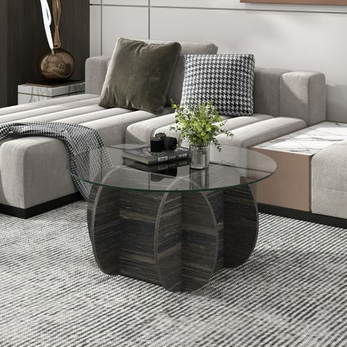 Table Basse Ronde De 89cm Table De Salon Avec Plateau En Verre Trempé Base En Bois Massif