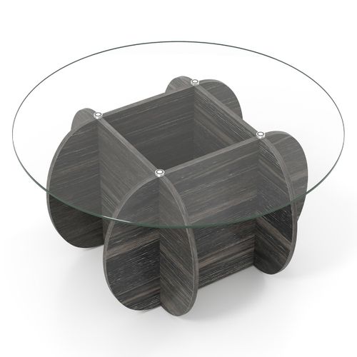 Table Basse Ronde De 89cm Table De Salon Avec Plateau En Verre Trempé Base En Bois Massif