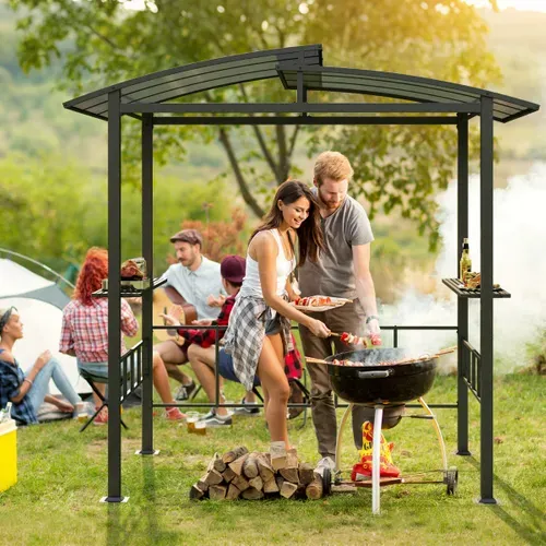 Tonnelle De Barbecue Avec Toit Rigide En PC Étagères Latérales Crochets Cadre Métallique