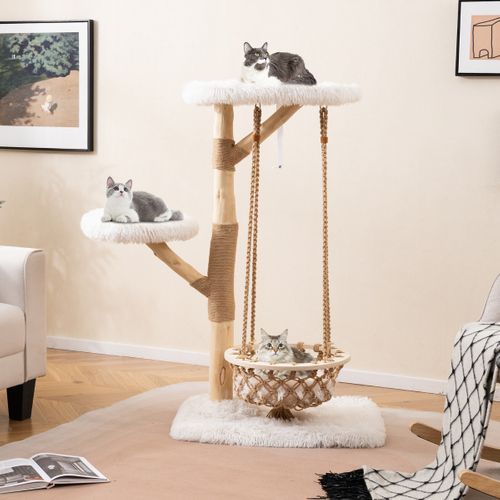 Arbre à Chat Avec Balançoire Hamac Branches En Bois Véritable Poteaux à Gratter En Jute 2 Perchoir