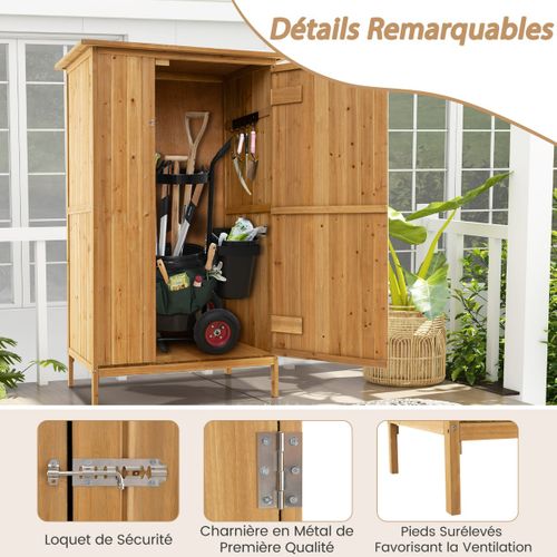 Abri à Outils Cabane à Outils Bois De Sapin Avec Toit Porte Verrouillable 5 Crochets Naturel