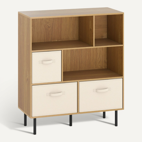 Bibliothèque Étagère 3 Niveaux Avec 3 Tiroirs Pliables Amovibles Moderne 90 X 40 X 105 Cm Naturel