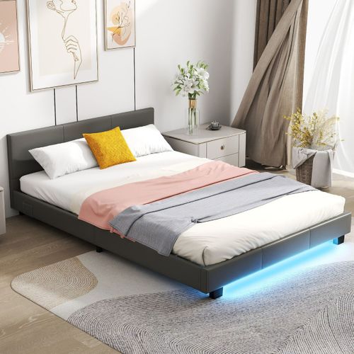 Lit Double Lit Simple Cadre De Lit Avec Tête De Lit Rembourré LED Télécommande 140x200cm Gris