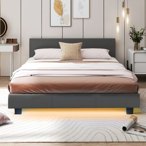 Lit Double Lit Simple Cadre De Lit Avec Tête De Lit Rembourré LED Télécommande 140x200cm Gris