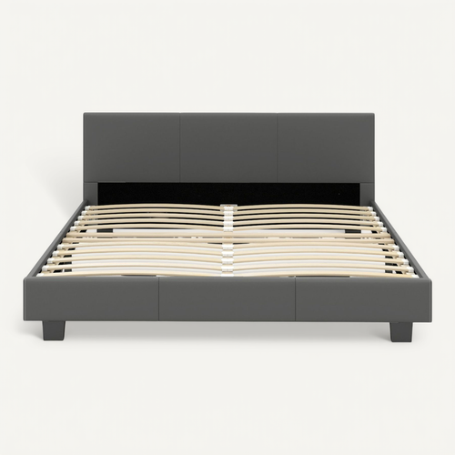 Lit Double Lit Simple Cadre De Lit Avec Tête De Lit Rembourré LED Télécommande 140x200cm Gris