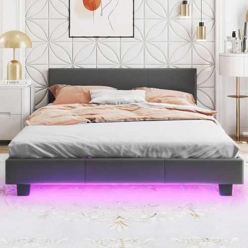 Lit Double Lit Simple Cadre De Lit Avec Tête De Lit Rembourré LED Télécommande 140x200cm Gris