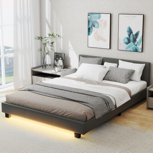 Lit Double Lit Simple Cadre De Lit Avec Tête De Lit Rembourré LED Télécommande 140x200cm Gris