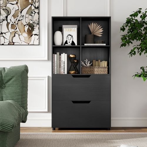 Étagère à Livres Avec 2 Grands Tiroirs Anti-basculement Meuble De Rangement Bois 70x33,5x130cm Noir