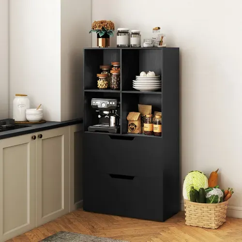 Étagère à Livres Avec 2 Grands Tiroirs Anti-basculement Meuble De Rangement Bois 70x33,5x130cm Noir