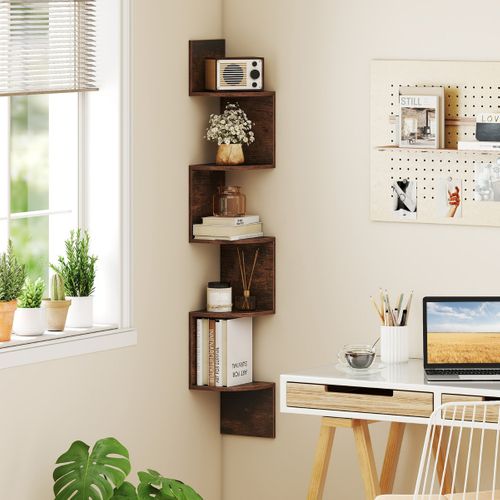 Étagère D'angle à 5 Niveaux Étagère Murale Flottante Support En Bois 20x20x126cm Moderne Brun