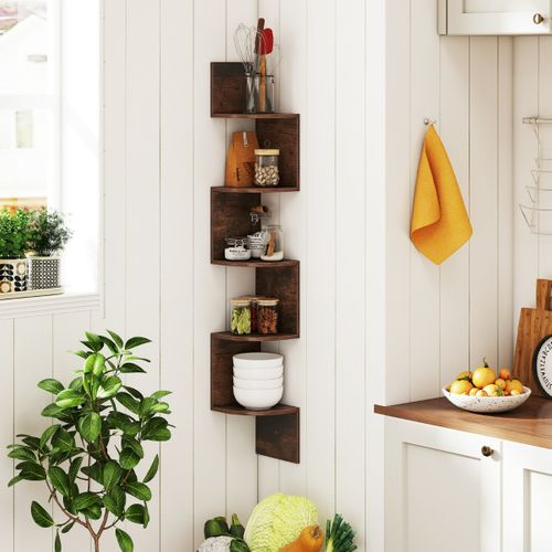 Étagère D'angle à 5 Niveaux Étagère Murale Flottante Support En Bois 20x20x126cm Moderne Brun