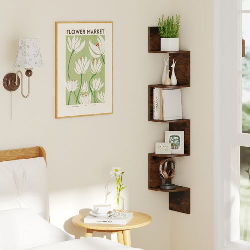 Étagère D'angle à 5 Niveaux Étagère Murale Flottante Support En Bois 20x20x126cm Moderne Brun