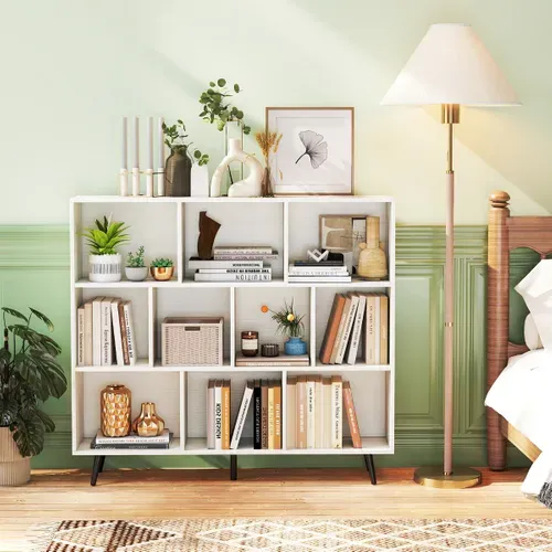 Bibliothèque à 10 Cubes 120x24x107cm Meuble De Rangement Moderne 2 Kits Antichute Blanc