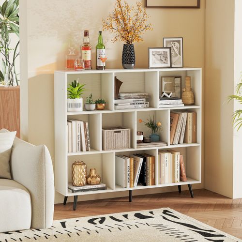 Bibliothèque à 10 Cubes 120x24x107cm Meuble De Rangement Moderne 2 Kits Antichute Blanc