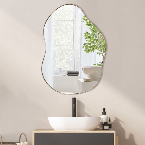 SHYFOY Miroir mural décoratif doré antique pour décoration murale - Grand miroir asymétrique ondulé avec cadre en bois festonné, miroir traditionnel de ferme en bronze - 63,5 x 91,4 cm (L x l