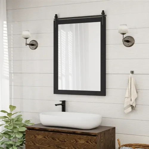 Miroir Mural Salle De Bain Rustique Avec Cadre En Bois Massif 76x56cm Rectangulaire Noir