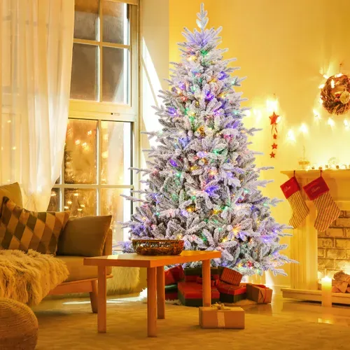 Sapin De Noël Artificiel Floqué Et Articulé 8 Modes D'eclairage LED Multicolores Pointes De Branch