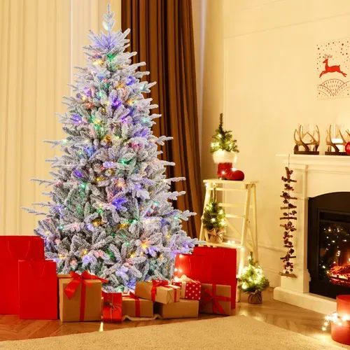 Sapin De Noël Artificiel Floqué Et Articulé 8 Modes D'eclairage LED Multicolores Pointes De Branch