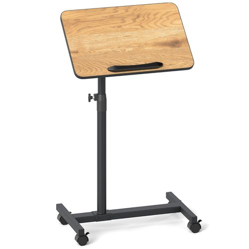 Table D'Appoint Mobile Réglable En Hauteur - Plateau Rotatif 360° + 4 Roulettes Avec Freins - Style Noyer Moderne