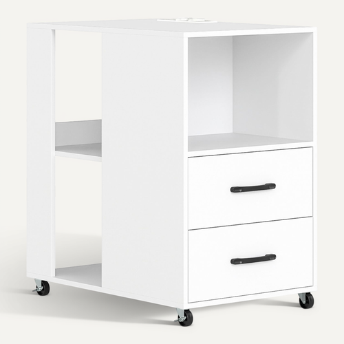 Table D'appoint Table De Chevet Roulante Avec Tiroirs Station De Recharge 60x40x65,5cm Blanc