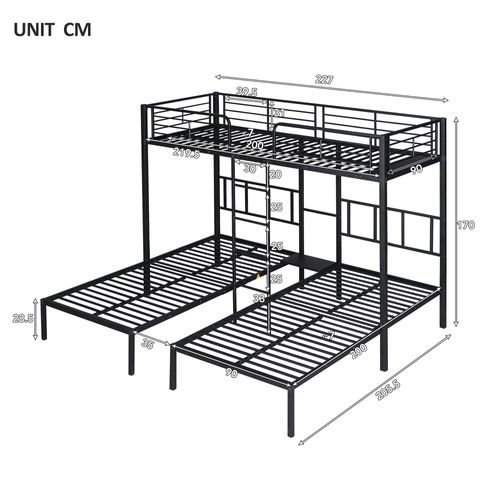 Lit Superposé Triple 90x200 Cm En Fer Avec Grille Antichute Et Table, Noir
